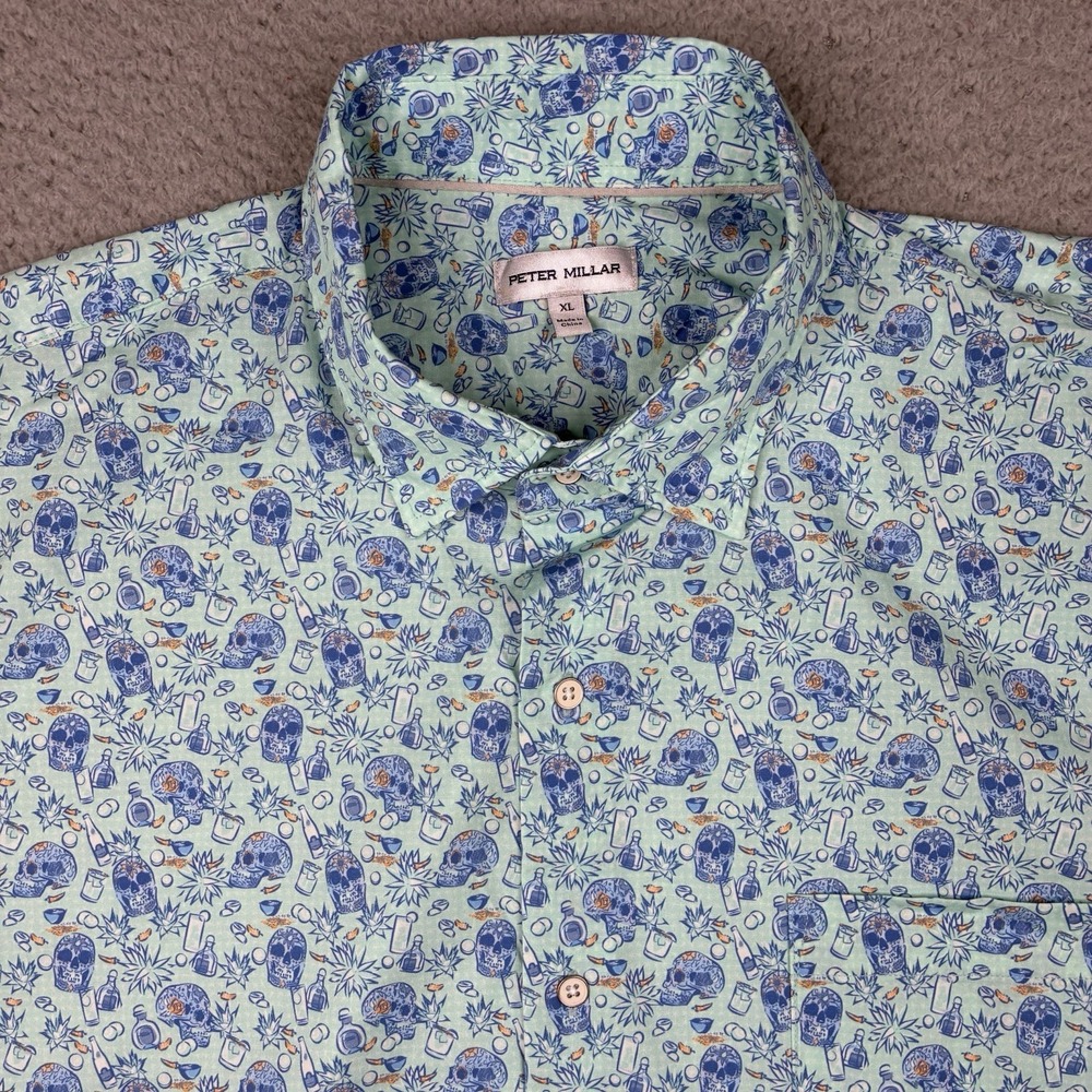 Peter Millar Cowboy Cantina Shirt Men's XL Mint Blue Skull Agave Tequila Print